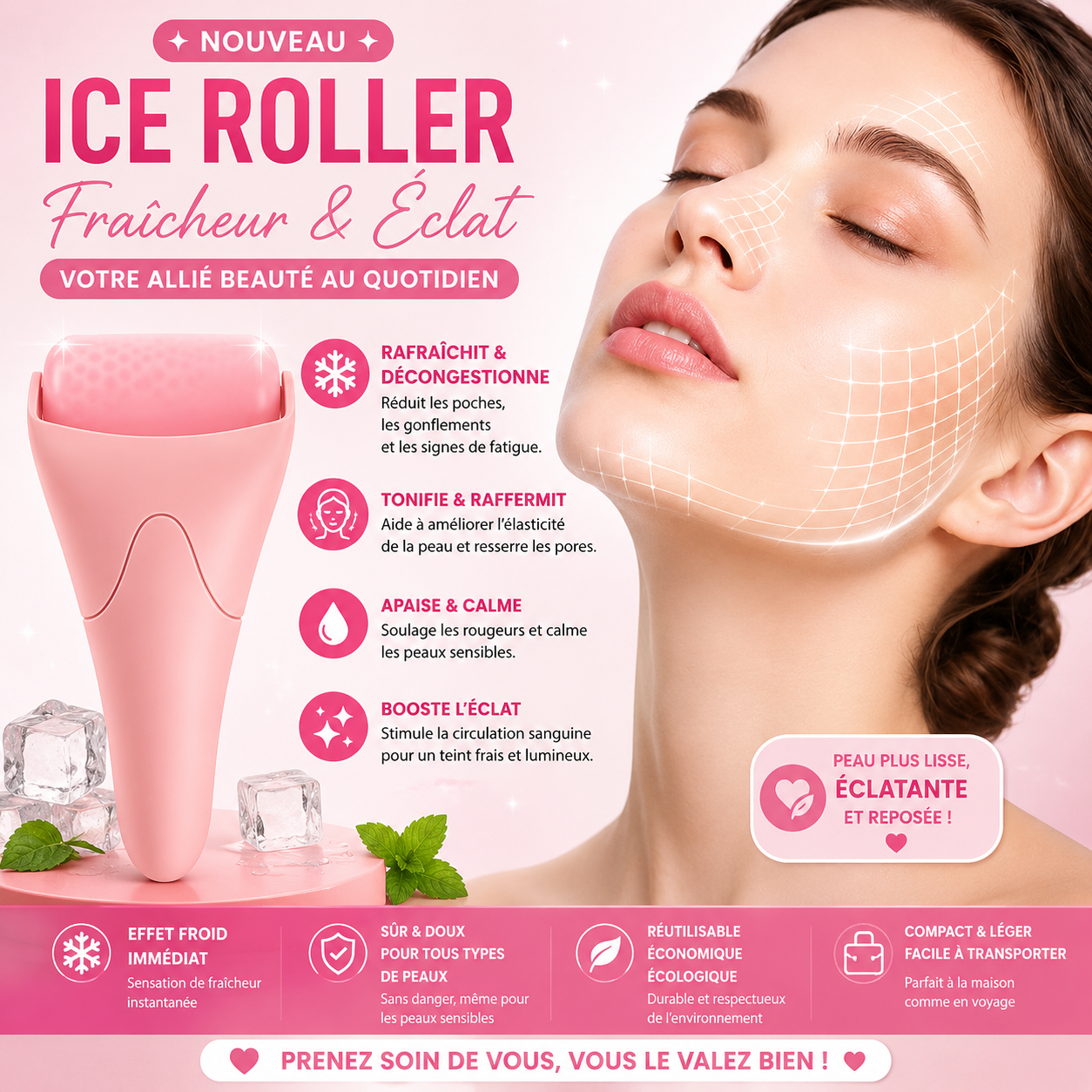 Rouleau Glaçon Visage – Lifting, Anti-Poches & Raffermissant