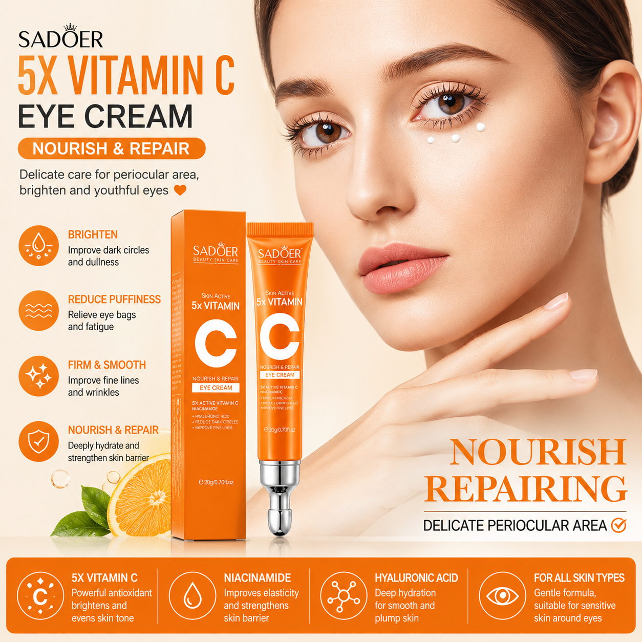 Crème Yeux Vitamine C SADOER – Anti-Cernes & Raffermissant