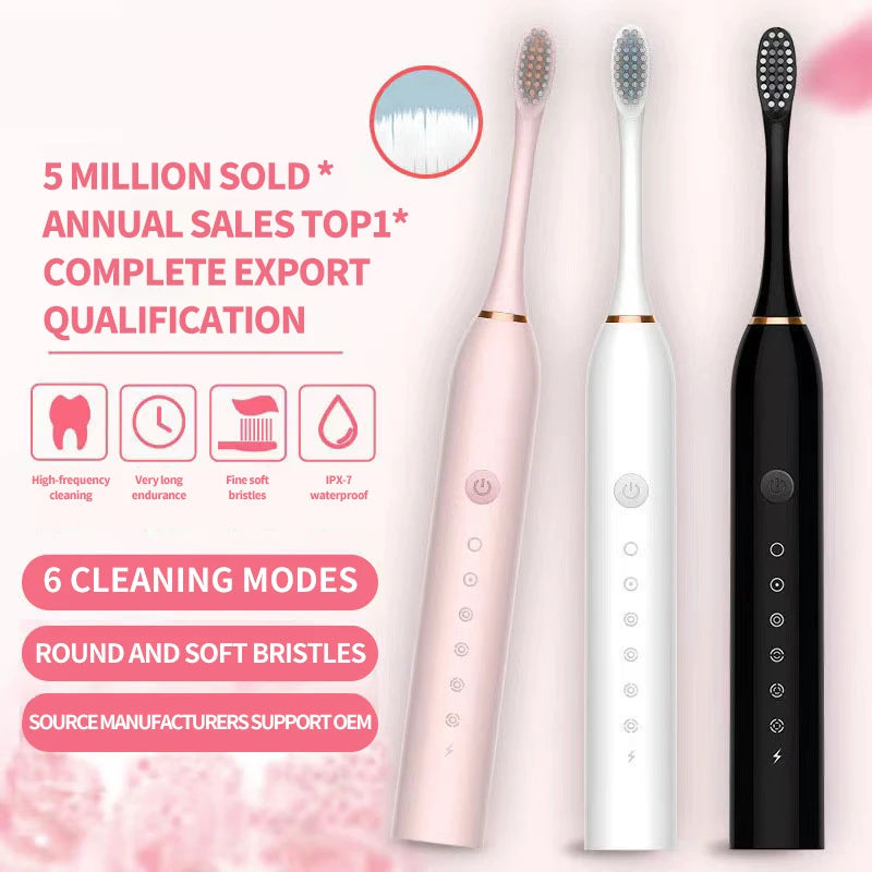 Brosse à Dents Électrique Sonique – IPX7, USB, 6 Modes Nettoyage