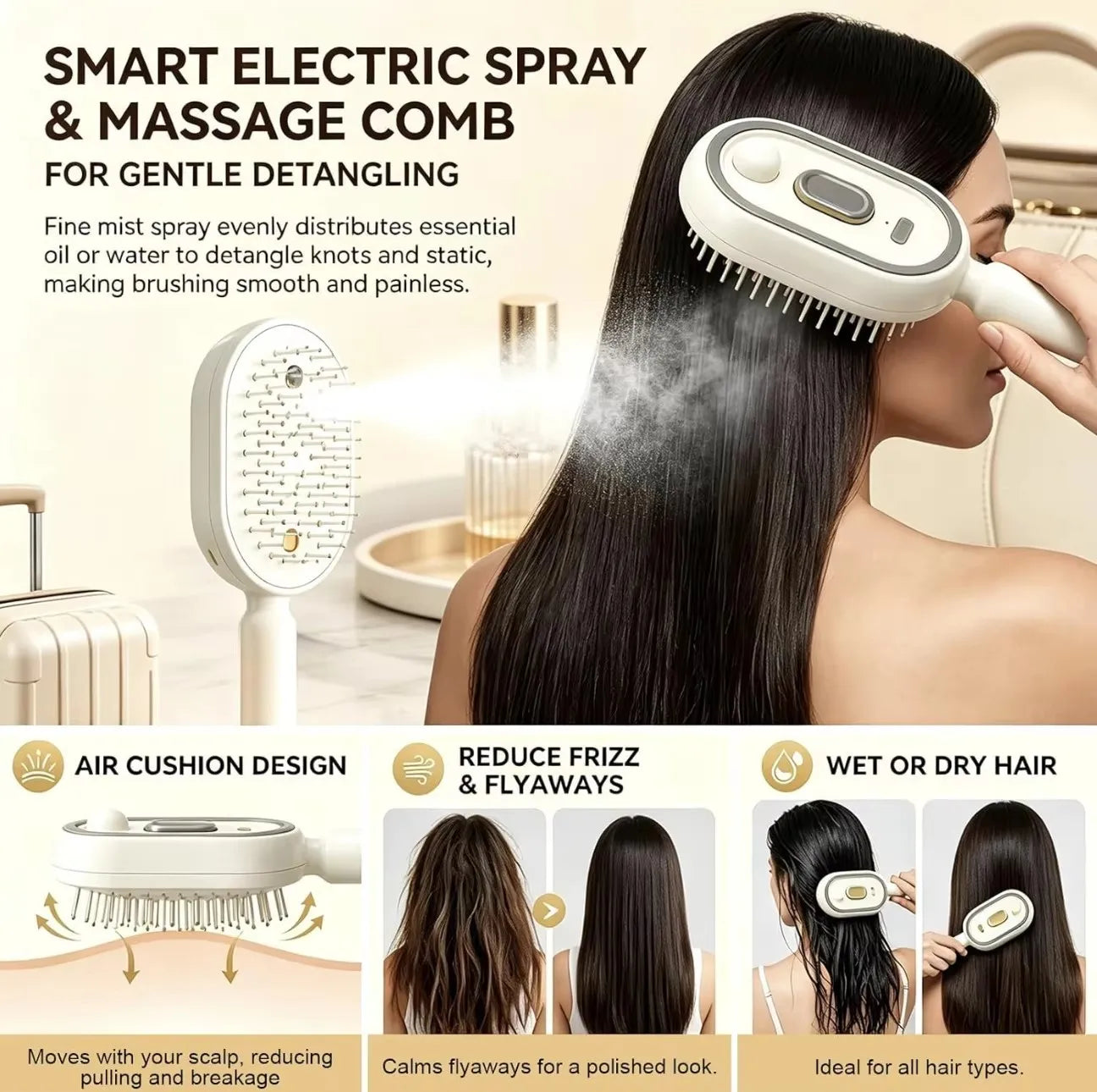 Brosse Lissante Vapeur Rechargeable USB-C – Cheveux Longs & Courts